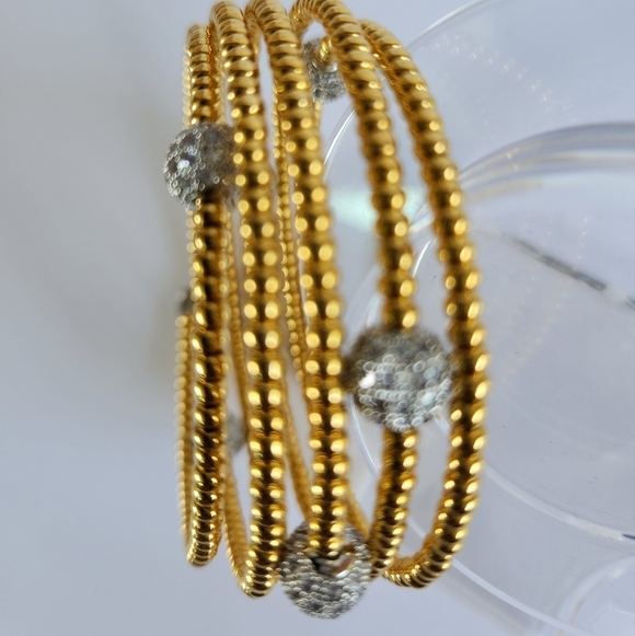 Hand Crafted Coil Memory Wire Bracelet Gold Hematite Silver Pave - Picture 4 of 7